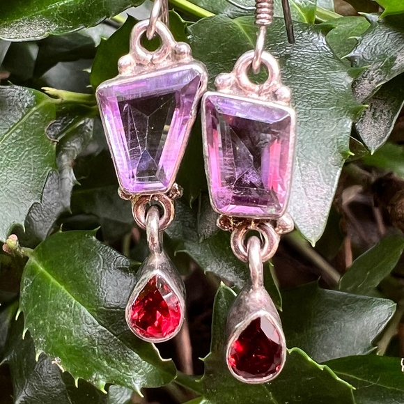 VINTAGE AMETHYST GARNET DROP DANGLE LONG EARRING925 STERLING SILVER UNIQUE CUT